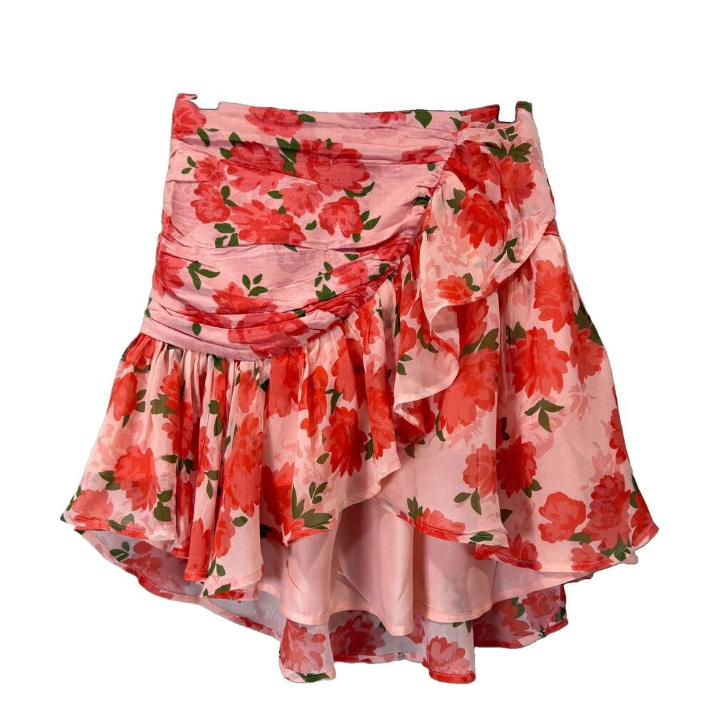 Anthropologie Maeve Women’s Size 0 Ruffled Linen Wrap Floral Mini Skirt Peach